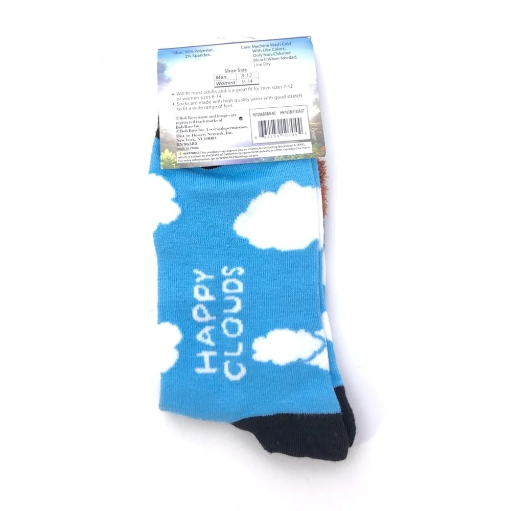 Bob Ross Blue White Happy Clouds Novelty Crew Socks